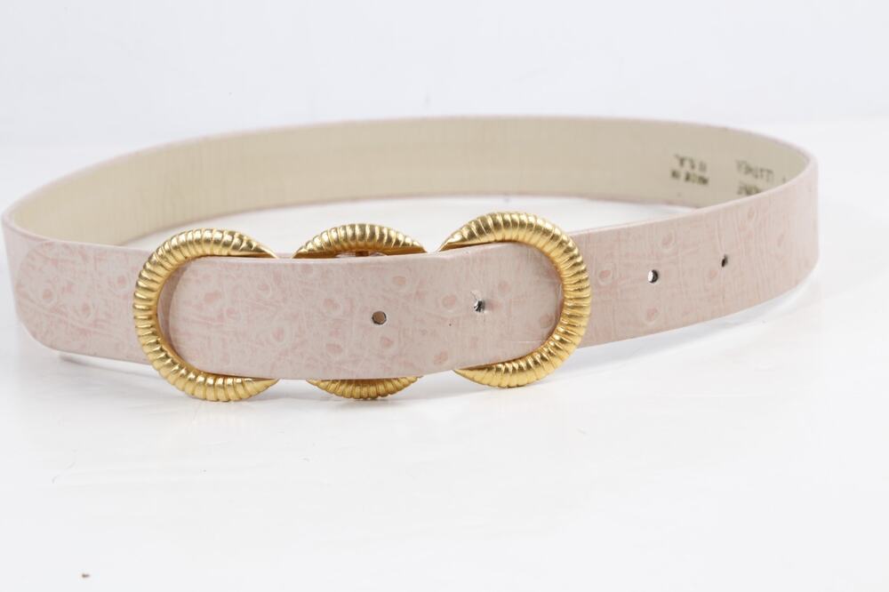 VTG Carlisle Blush Pink Ostrich Leather Belt Gold Ribbed Triple Ring Buckle M